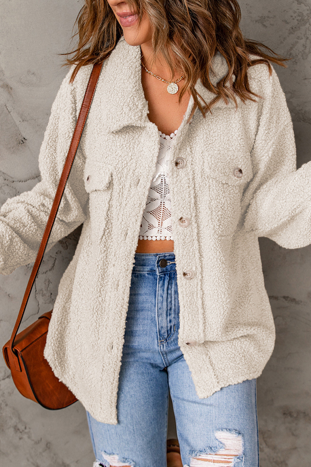 White Flap Pockets Button Front Teddy Coat