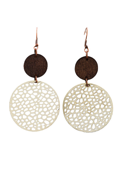 Wooden round drop earrings, beige.