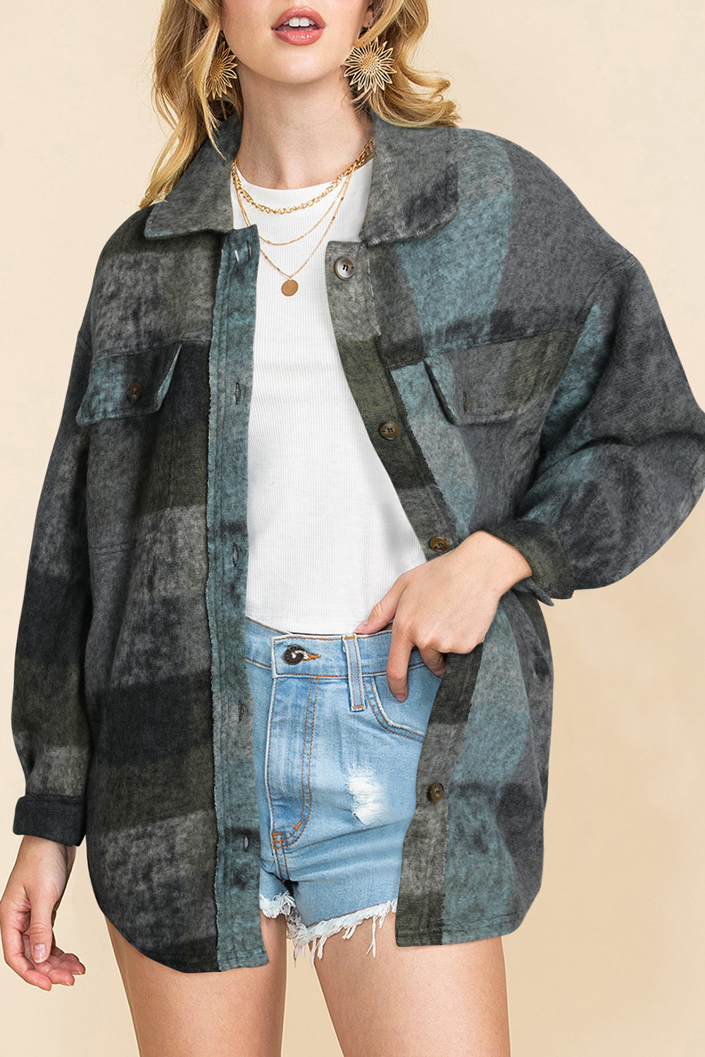 Multicolor oversized shacket, brushed plaid.