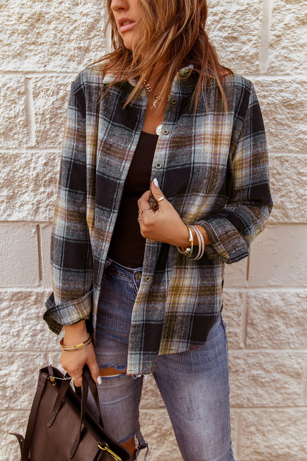 Split button-up shacket, grey-plaid