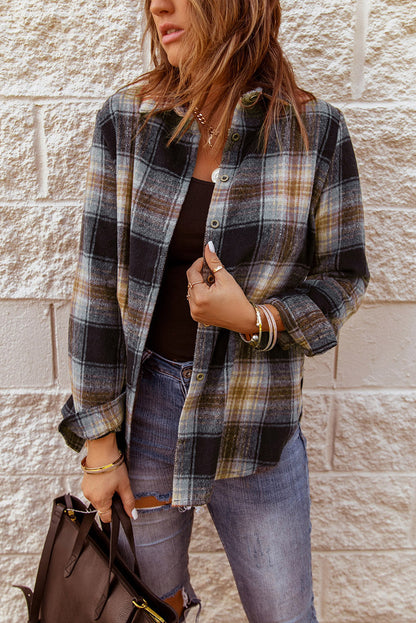 Split button-up shacket, grey-plaid