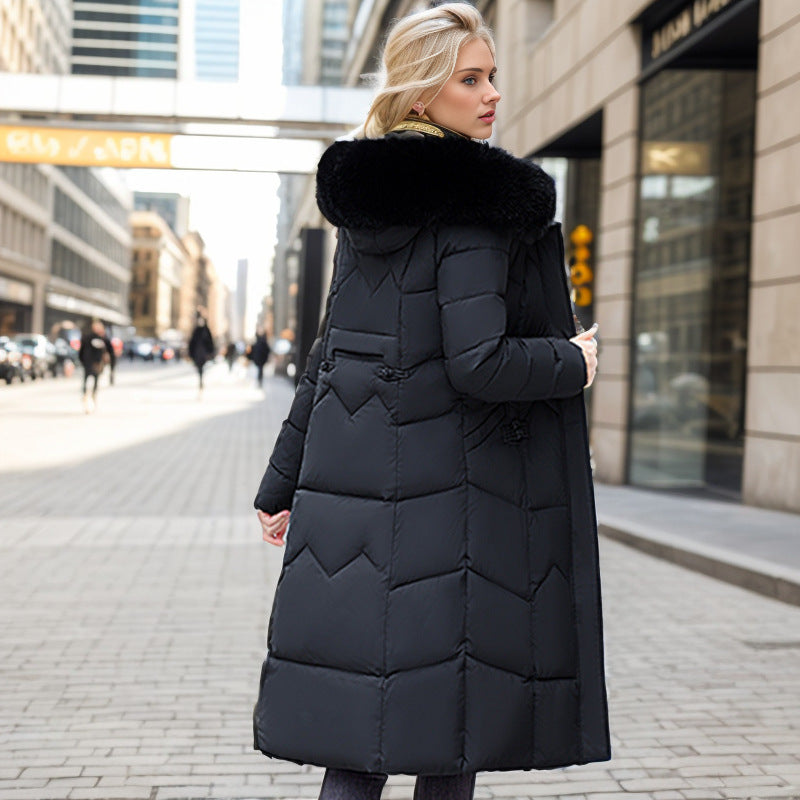 Long Coat With Thickened Fur Collar Straight Slim Cotton-padded Jacket