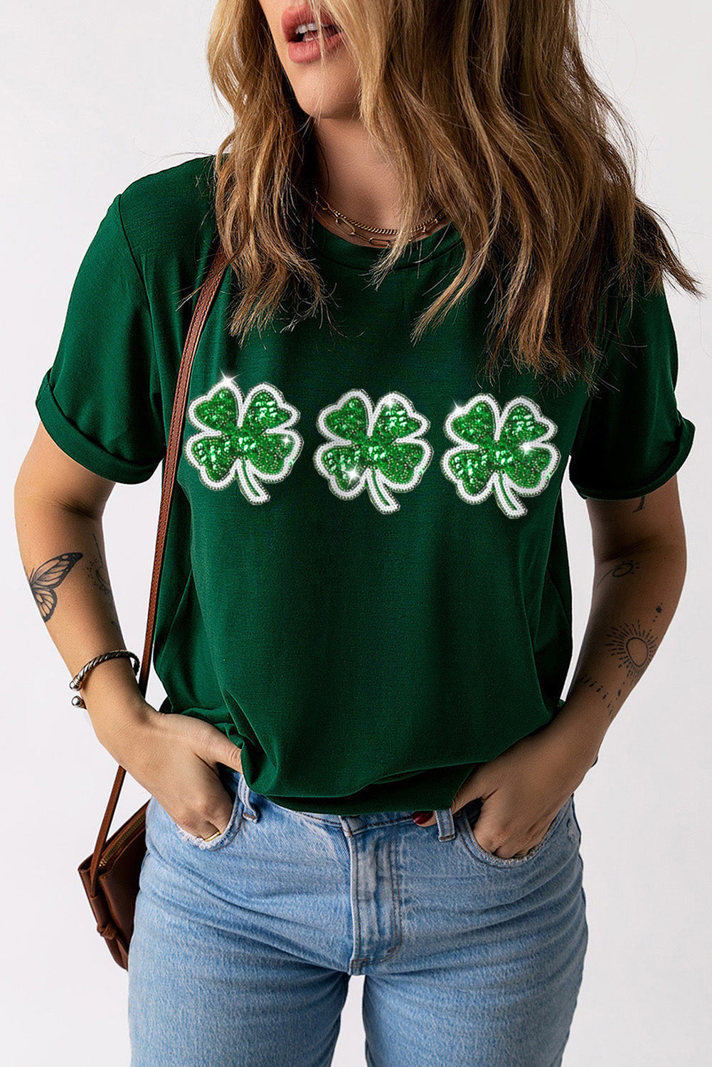 Green tee with sequin clover patch