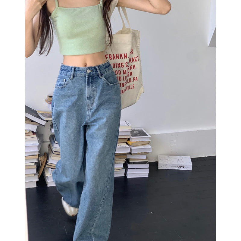 Women's Loose High Waist Retro Cropped Patchwork Wide-leg Jeans