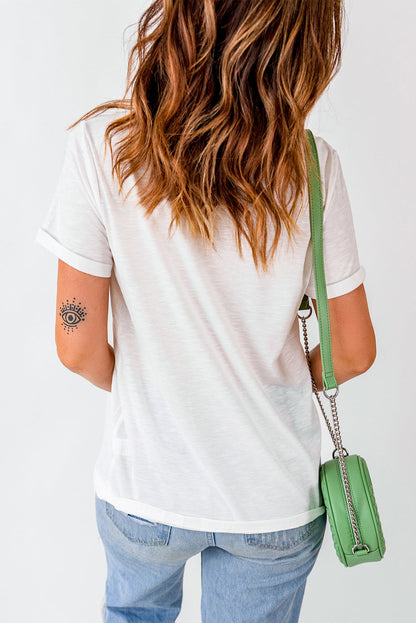 White tee with lucky chenille patch