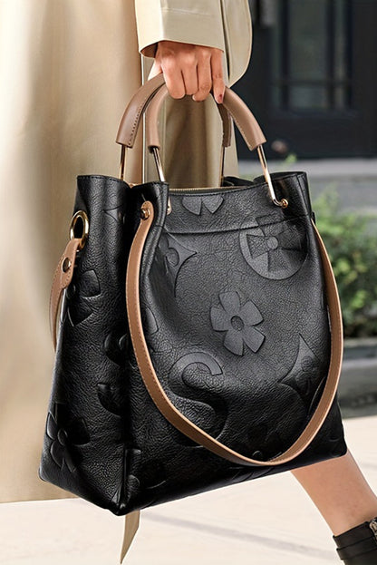 Black Vintage Embossed Leather Shoulder Bag