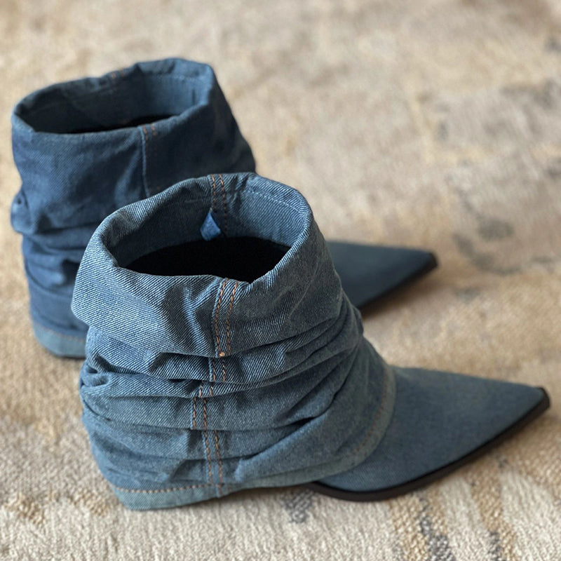 Thickened Pleated Denim Short Boots