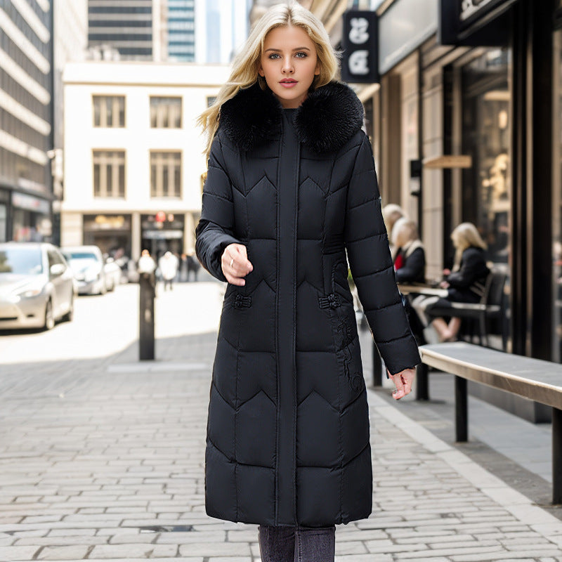 Long Coat With Thickened Fur Collar Straight Slim Cotton-padded Jacket