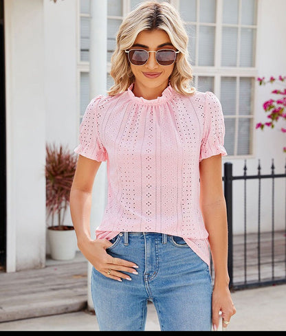 Lacework Round Neck Top Summer Puff Sleeves ù