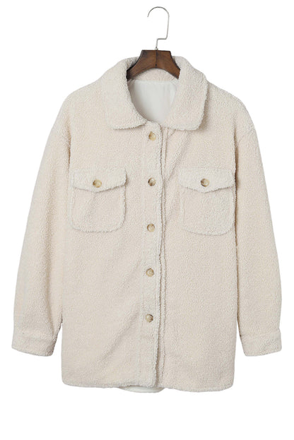 White Flap Pockets Button Front Teddy Coat