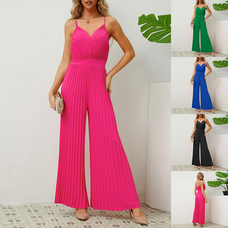 V-neck pleated jumpsuit, loose pants