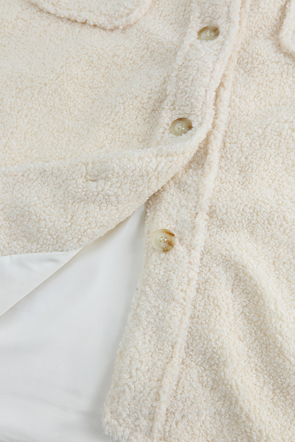 White Flap Pockets Button Front Teddy Coat