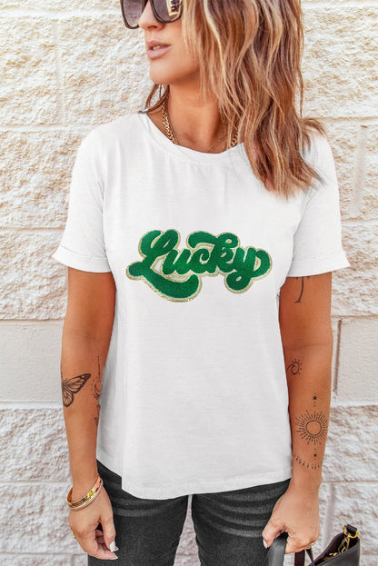 White tee with lucky chenille patch