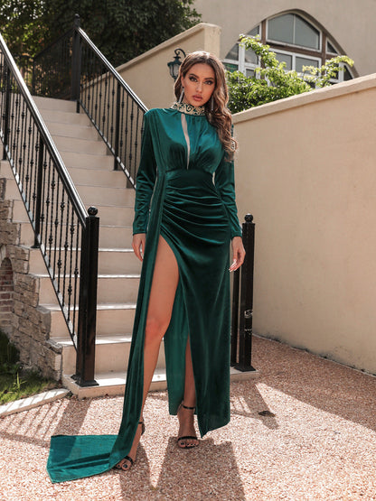 Velvet High Neck Sexy Evening Dress