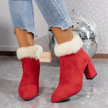 New Plaid Print Plush Ankle Boots Winter Square Heel