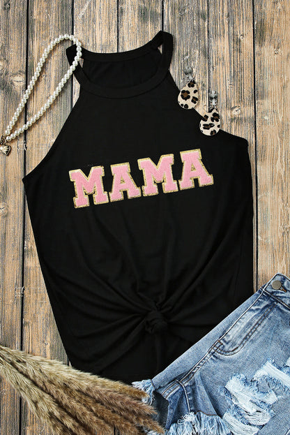 Black tank top with "MAMA" chenille patch