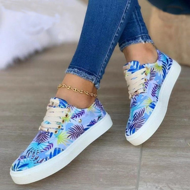 Canvas Women Lace-Up Flats Leaves Print Casual Sneakers