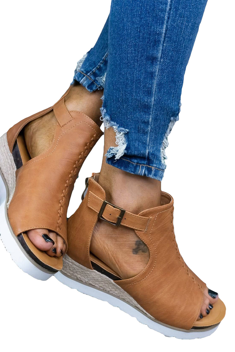 Platform sandals with khaki PU, buckle straps