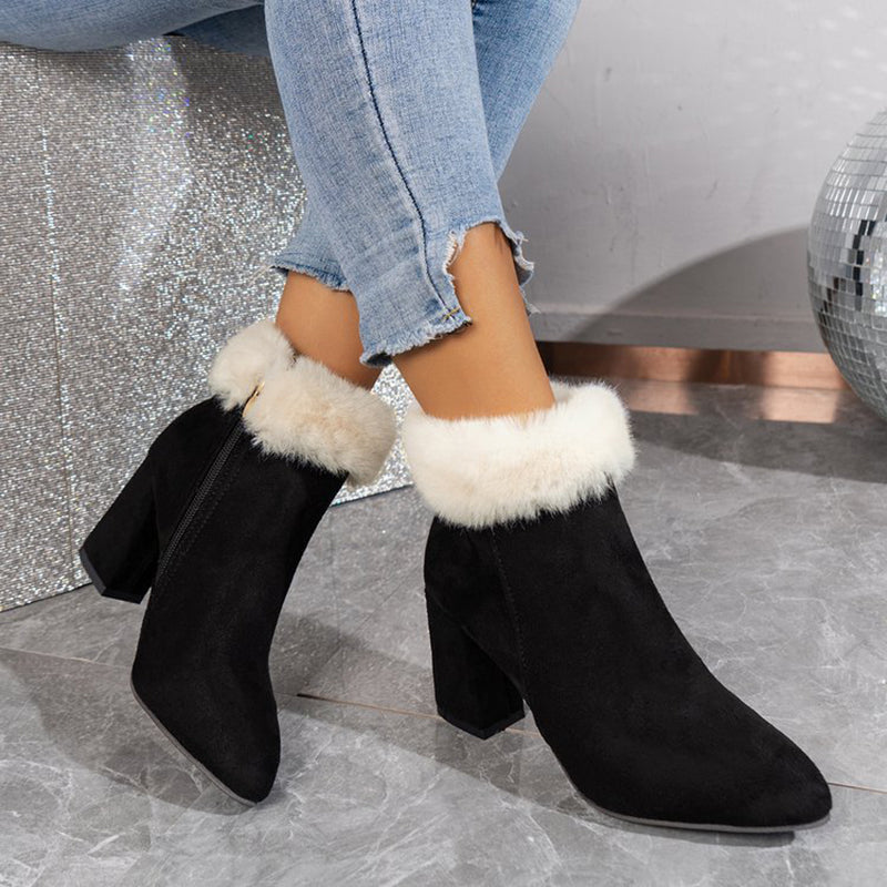 New Plaid Print Plush Ankle Boots Winter Square Heel