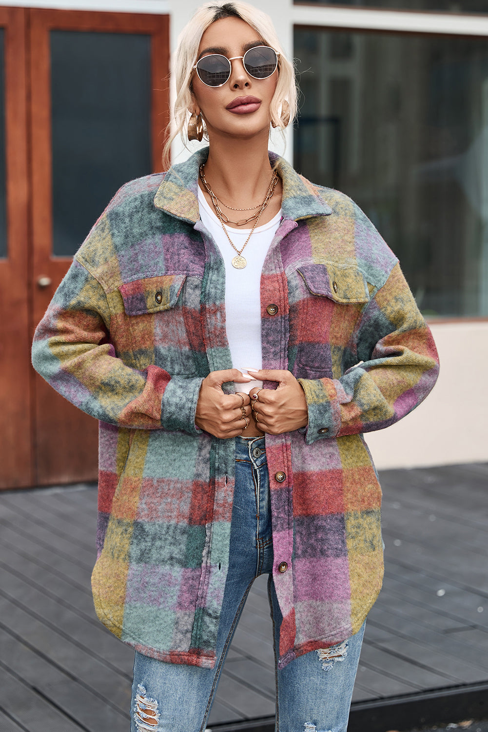 Multicolor oversized shacket, brushed plaid.