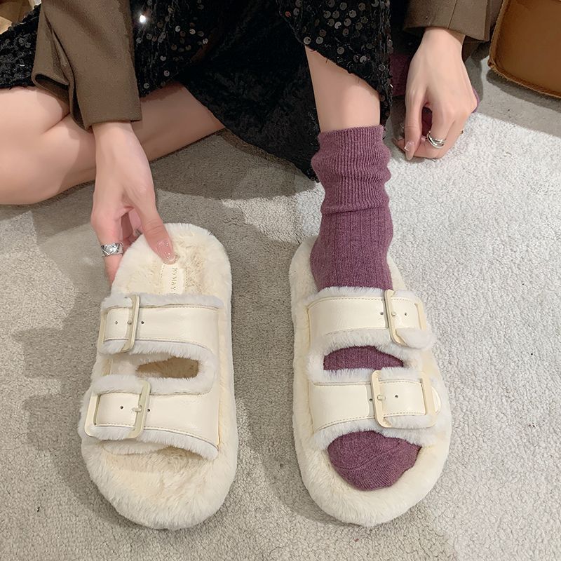 Women's Fashion All-match Furry Fleece-lined Belt Buckle Cotton Slippers