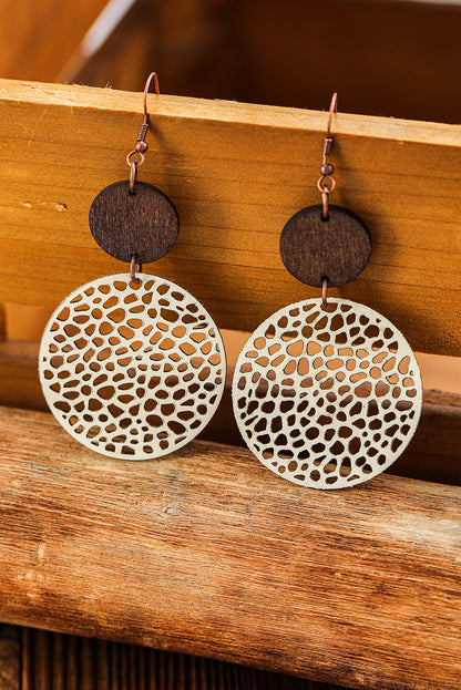 Wooden round drop earrings, beige.