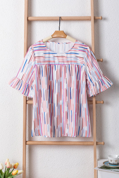 Half-sleeve blouse with striped ruffles