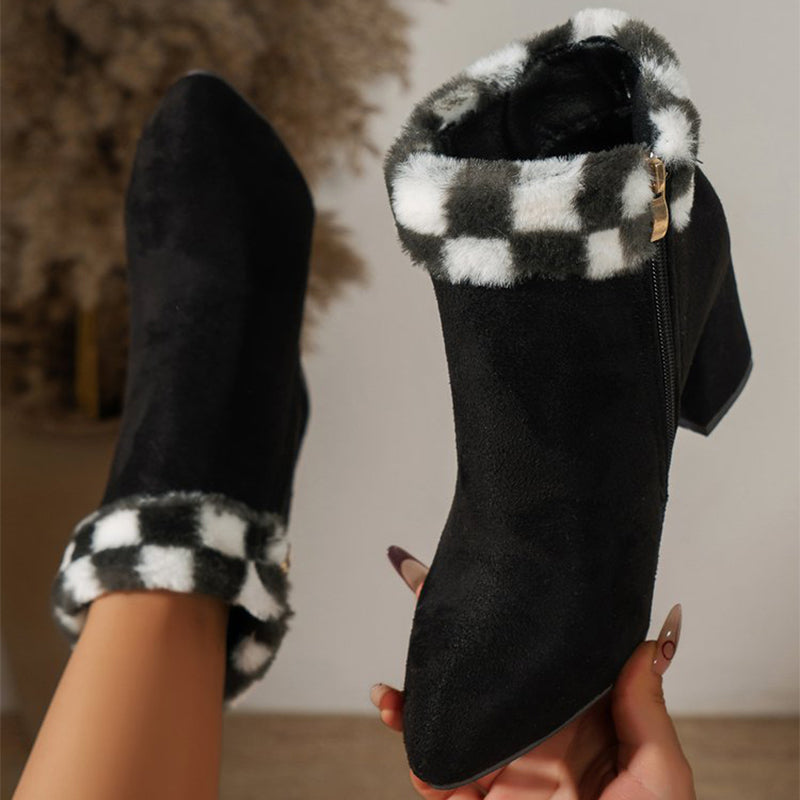 New Plaid Print Plush Ankle Boots Winter Square Heel