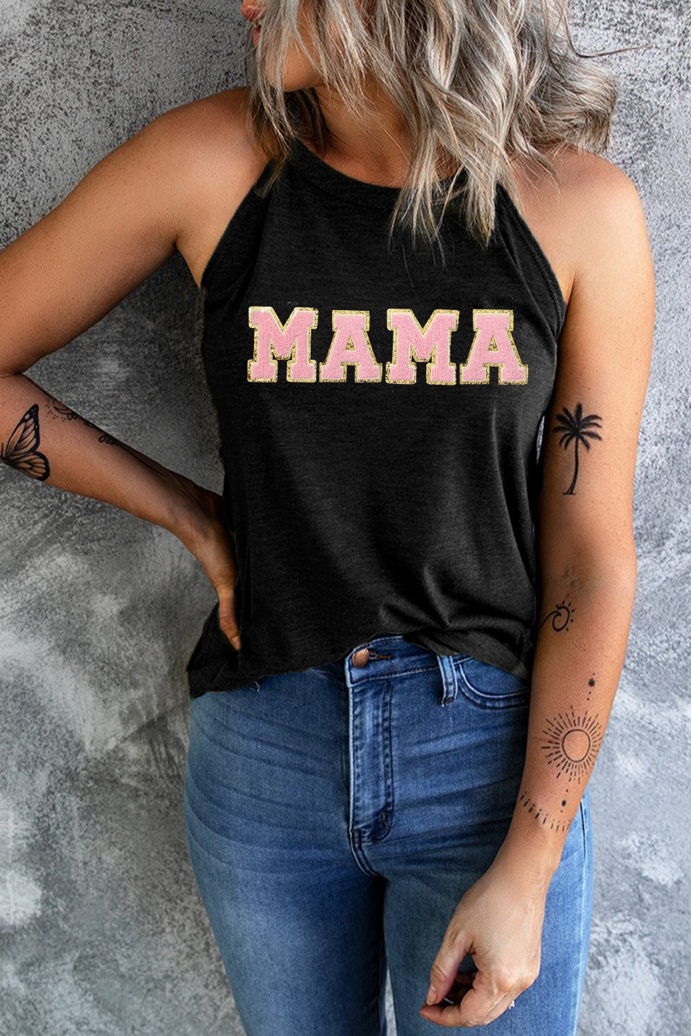 Black tank top with "MAMA" chenille patch