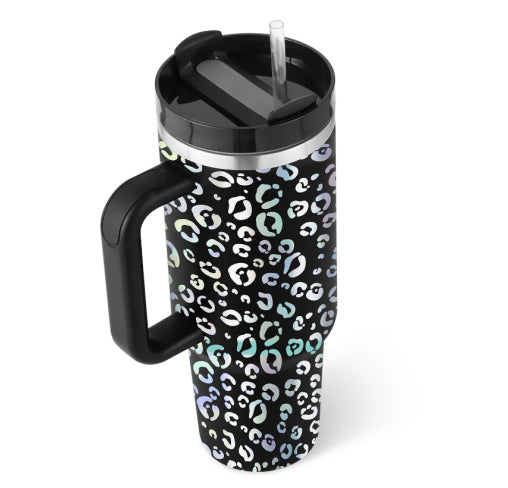 40 oz Stainless steel insulated tumbler with handle and straw.