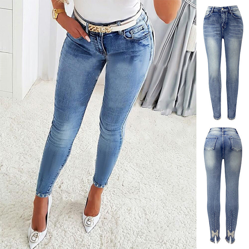 High-waist skinny jeans, European-inspired.