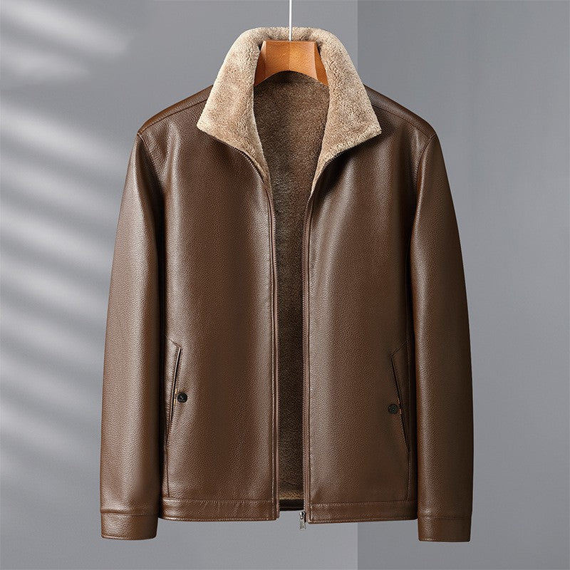 Stand collar, fleece-lined leather