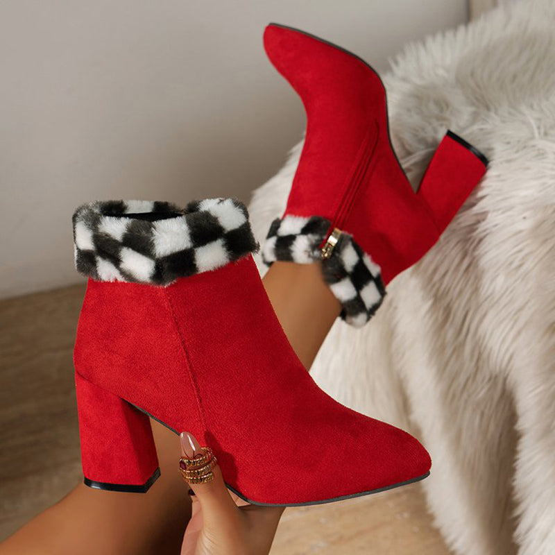 New Plaid Print Plush Ankle Boots Winter Square Heel