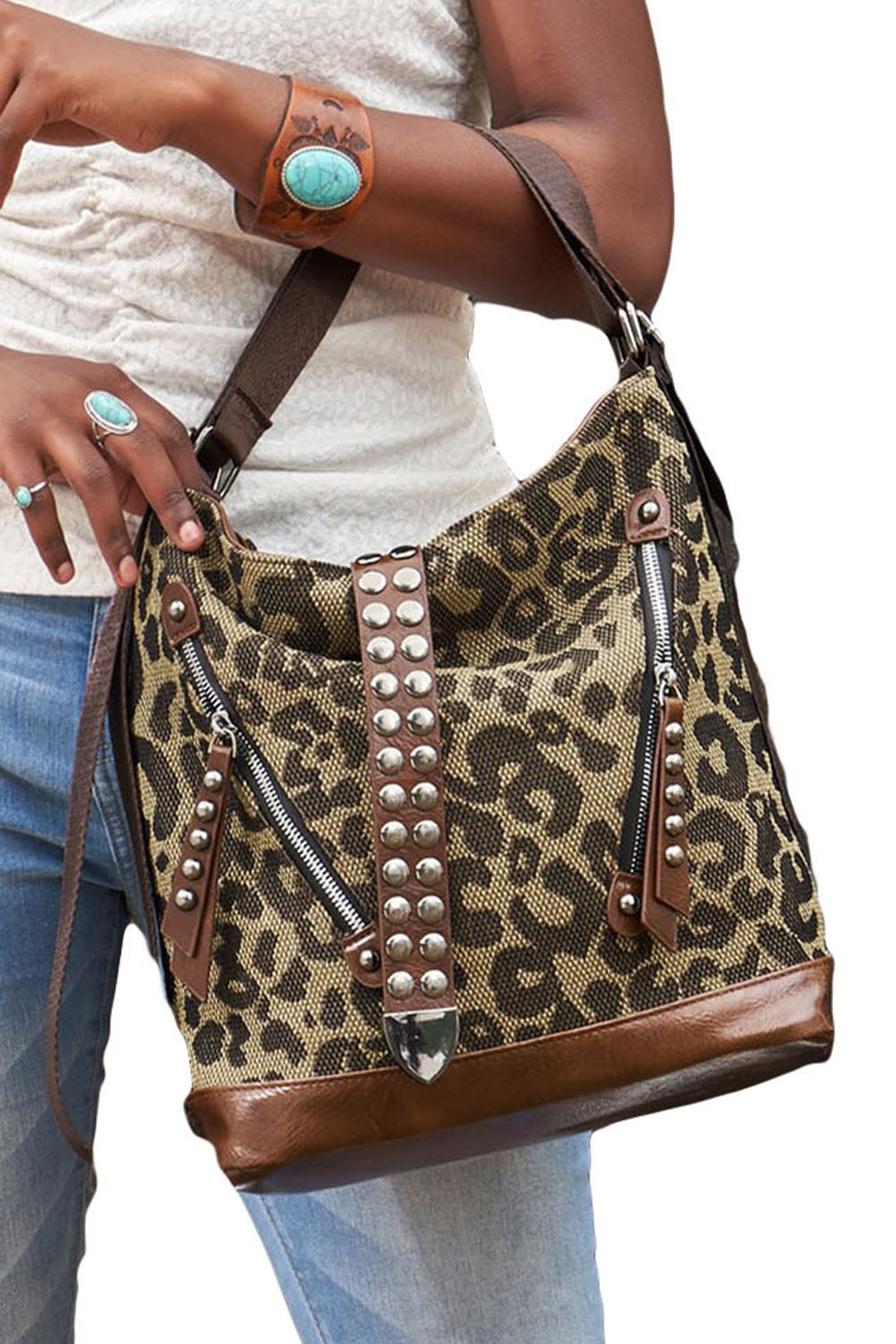 Leopard Stud Western Shoulder Bag