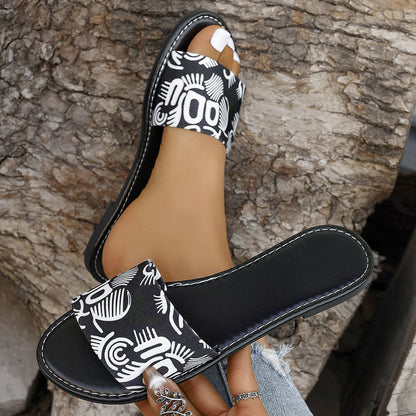 Graffiti Print Sandals Round Toe Flat Beach Slippers