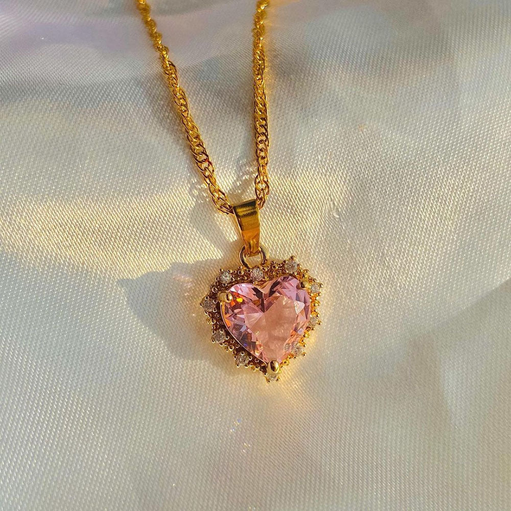 Colorful Rhinestones Heart-shped Necklace Love Gold Clavicle