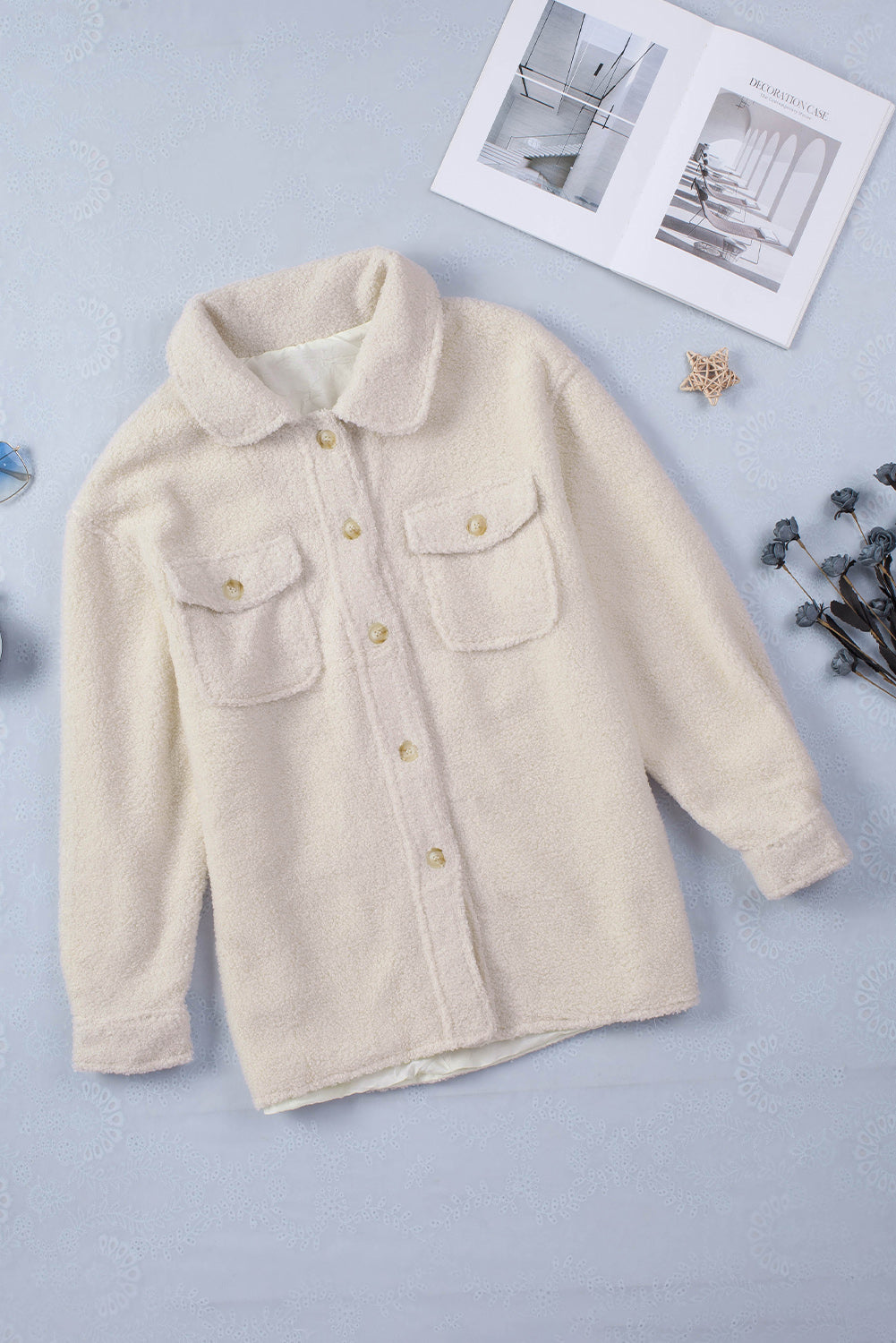 White Flap Pockets Button Front Teddy Coat