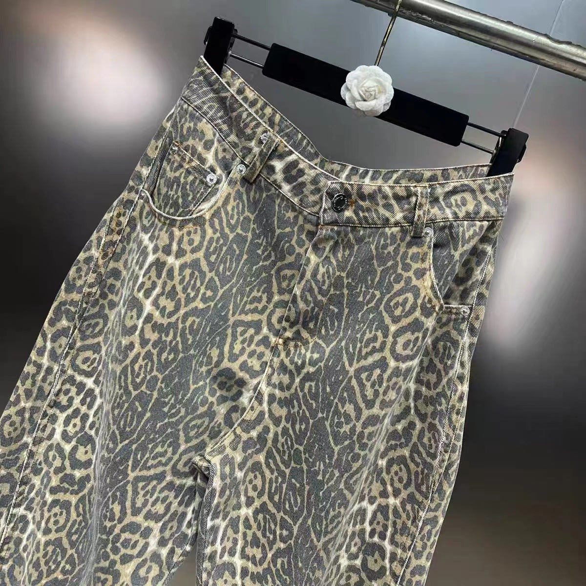 Leopard print slim street jeans