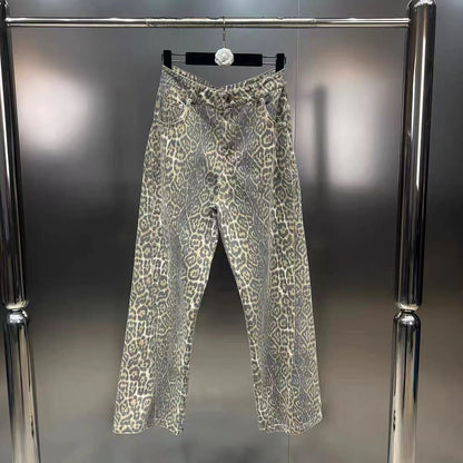 Leopard print slim street jeans