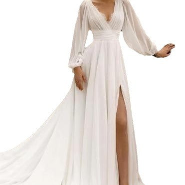 High Waist Plus V Long Sleeve Mopping Backless Wedding Dress