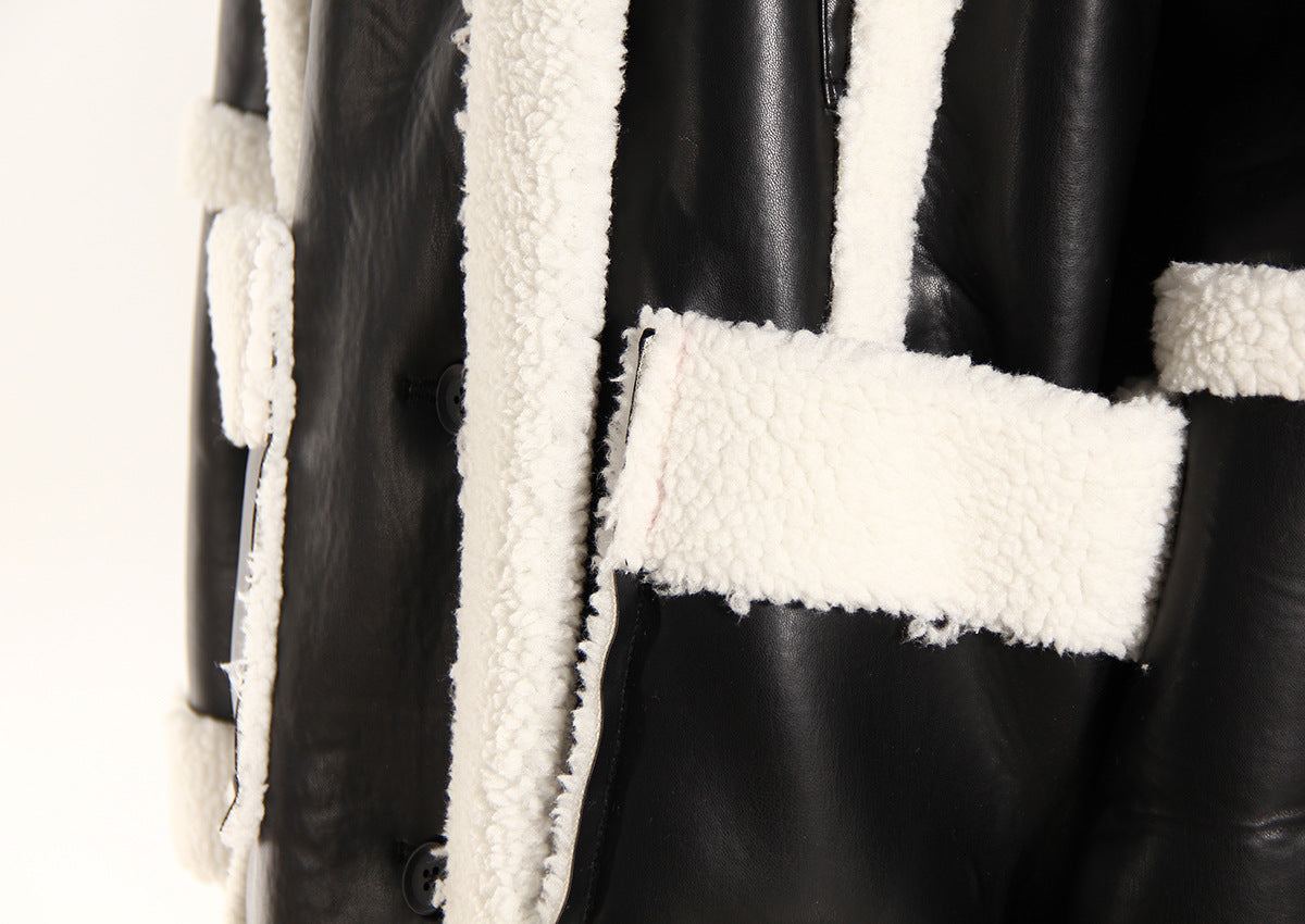 Contrast Patchwork Thickening Fur And Leather Overcoat Women