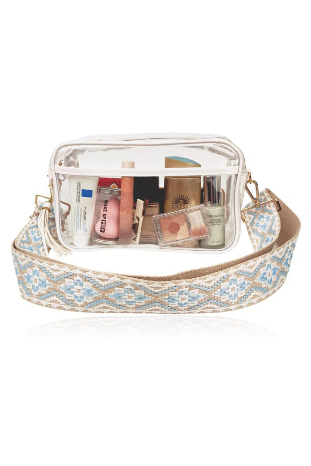 Stylish clear shoulder bag design.