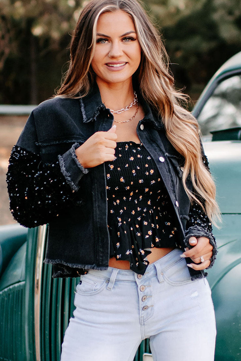 Sequin sleeve denim dazzle