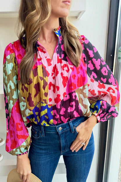 Color block blouse with leopard accents