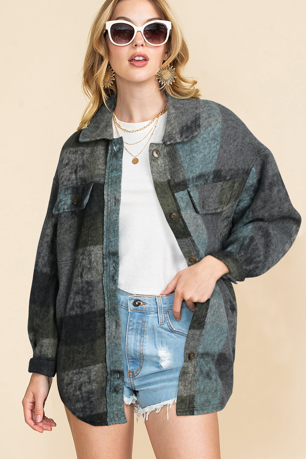 Multicolor oversized shacket, brushed plaid.