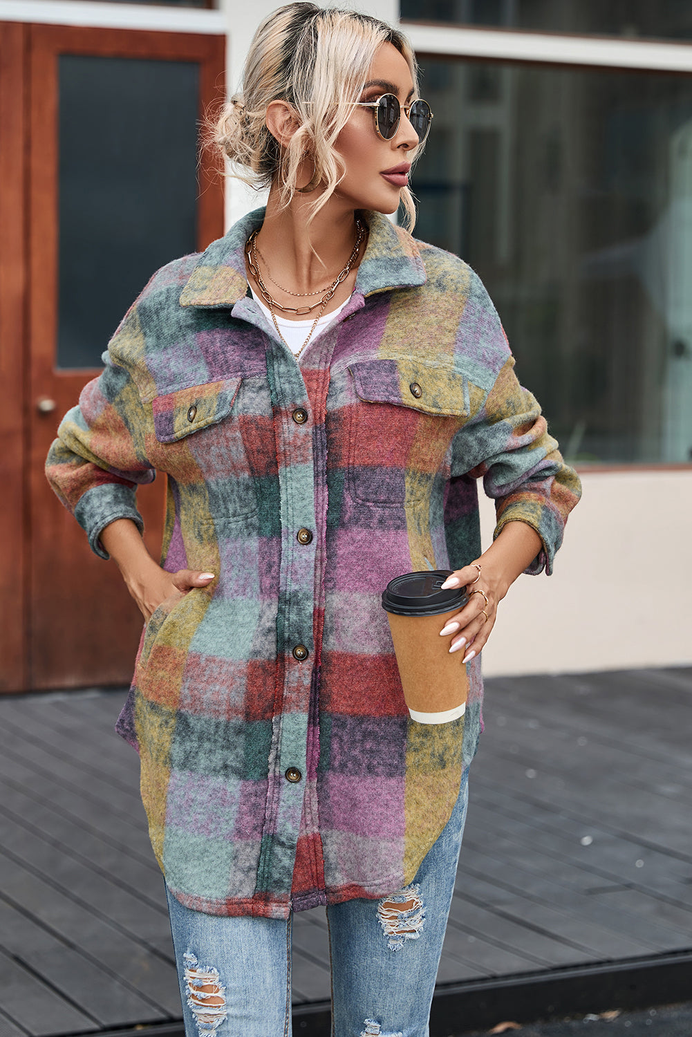 Multicolor oversized shacket, brushed plaid.