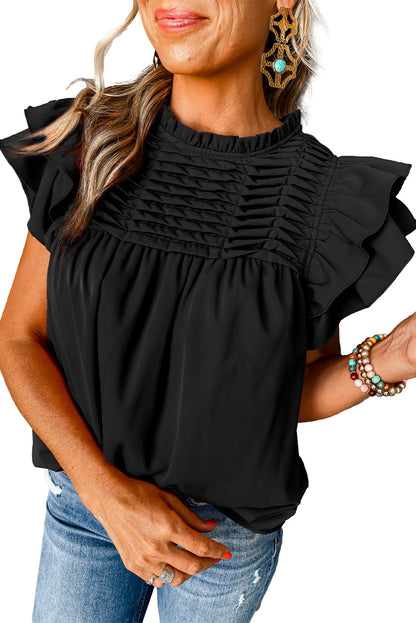 Blouse with ruched, frilled neck