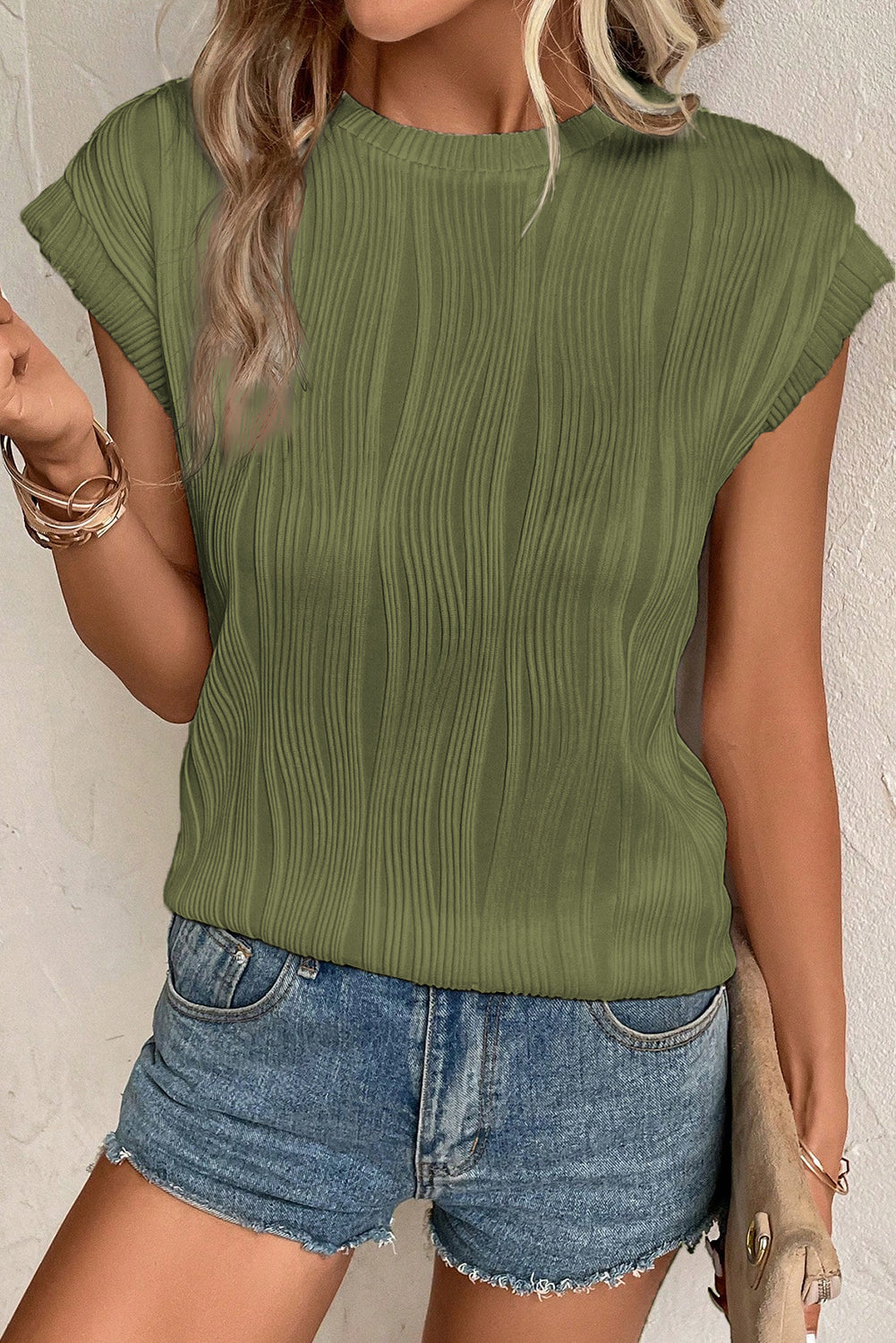 Cap sleeve top with wavy texture