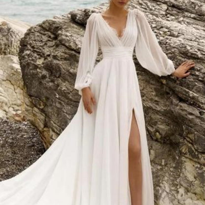 High Waist Plus V Long Sleeve Mopping Backless Wedding Dress