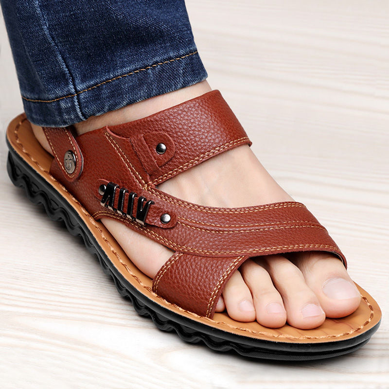 Durable cowhide beach sandals, non-slip